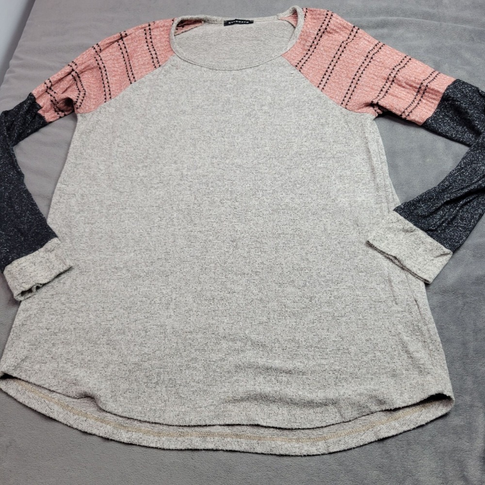 Staccato Womens Gray Long Sleeve Raglan Top With Pink & Black Striped Sleeves